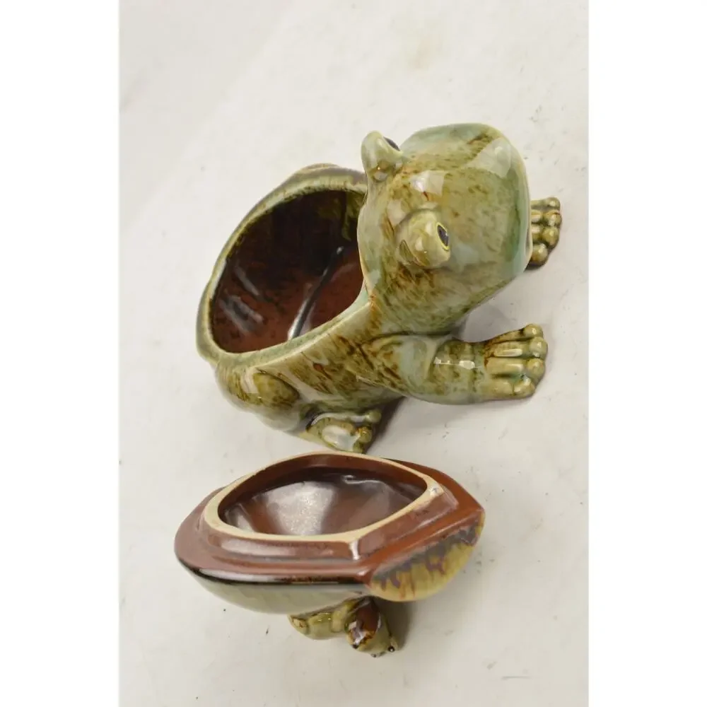 Frog Ceramic Tea Condiment Set x4 Lidded Bowl Sugar Creamer Green Glazed Pottery